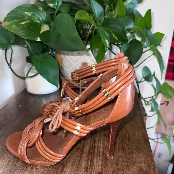 Tory Burch Audrianna Knotted Leather Heeled Sandals Dressy - Tan Size 8M - Picture 8 of 9